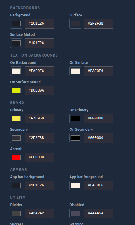 The Colours editor showing role-based colour groups: Backgrounds, Text on backgrounds, Brand, App bar, and Utility