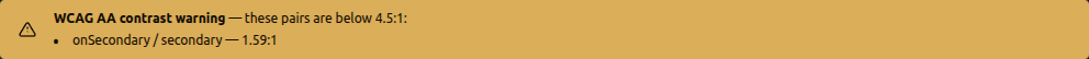 A WCAG AA contrast warning listing a colour pair that falls below the 4.5:1 ratio