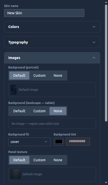 The Images editor with Default / Custom / None toggles for background, fit and tint controls, and panel texture options