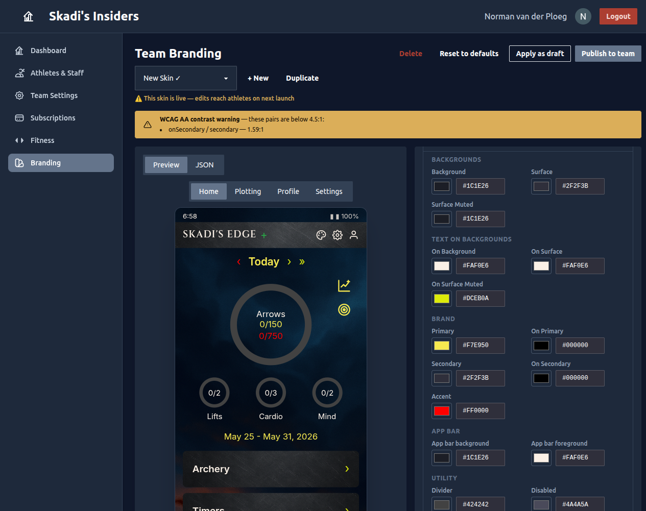The Team Branding page with a live phone preview on the left and the colour/typography/image editor on the right