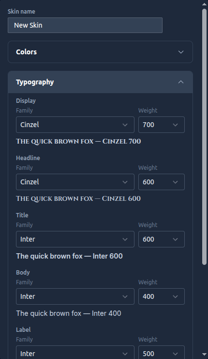 The Typography editor with font family and weight pickers for each role and live sample text