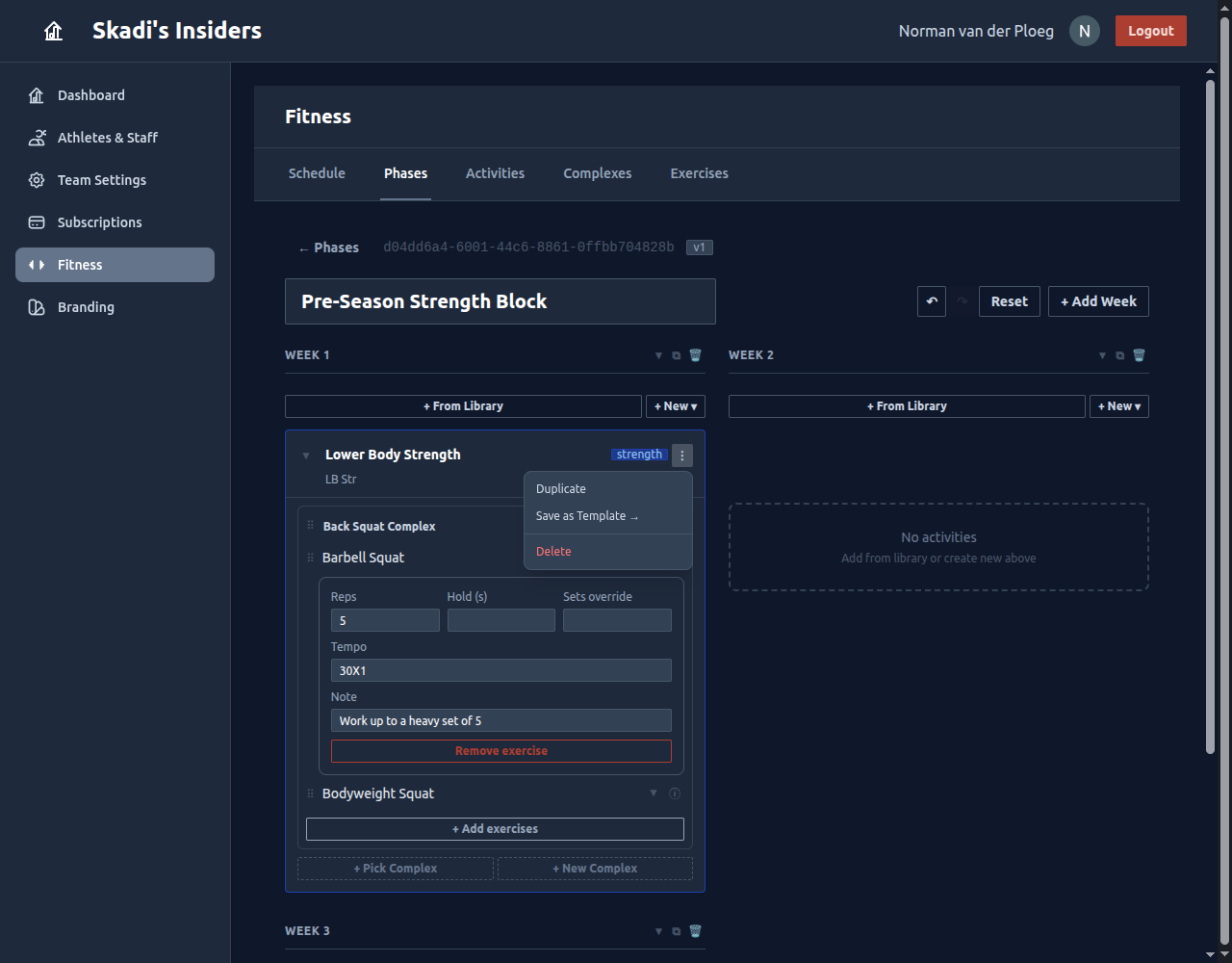 An activity's options menu open, showing Duplicate, Save as Template, and Delete