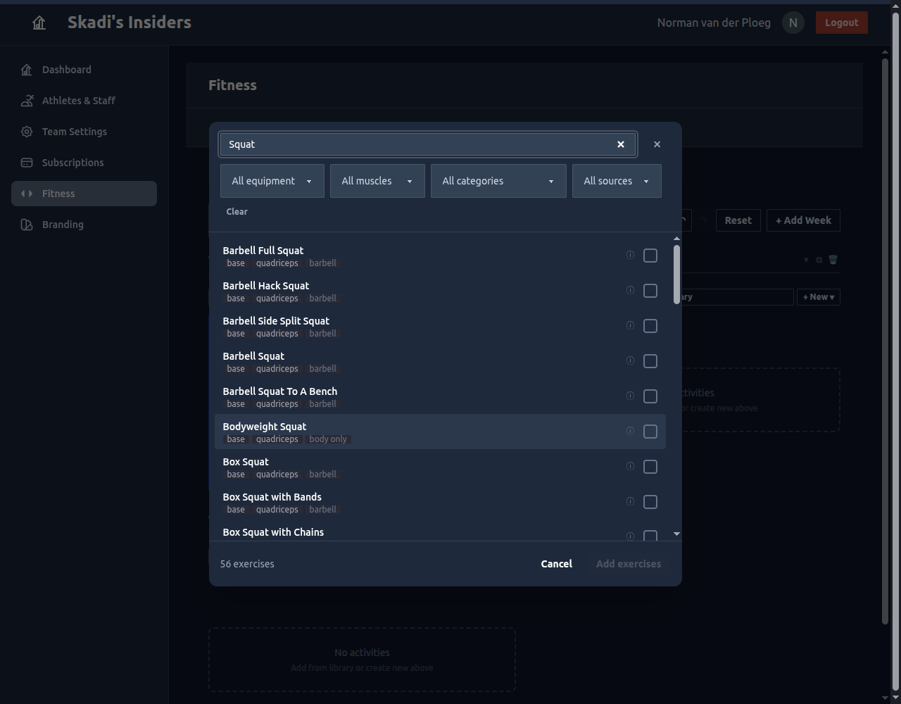 The exercise picker filtered to squats, with search box and equipment/muscle/category/source filters