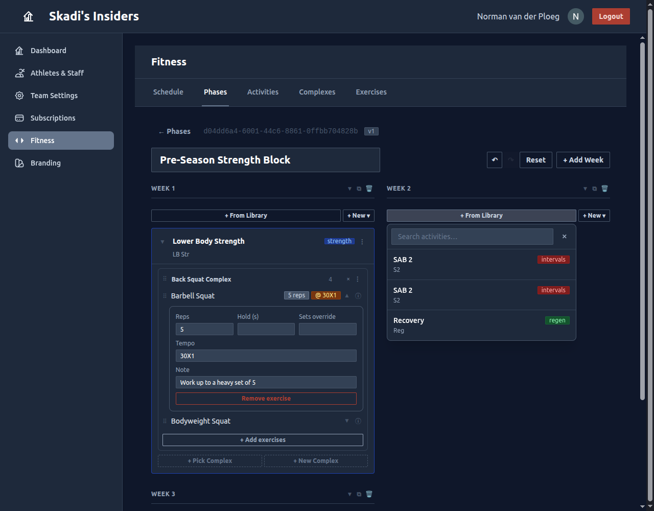 The From Library picker open in a week, listing saved activity templates to drop into the phase