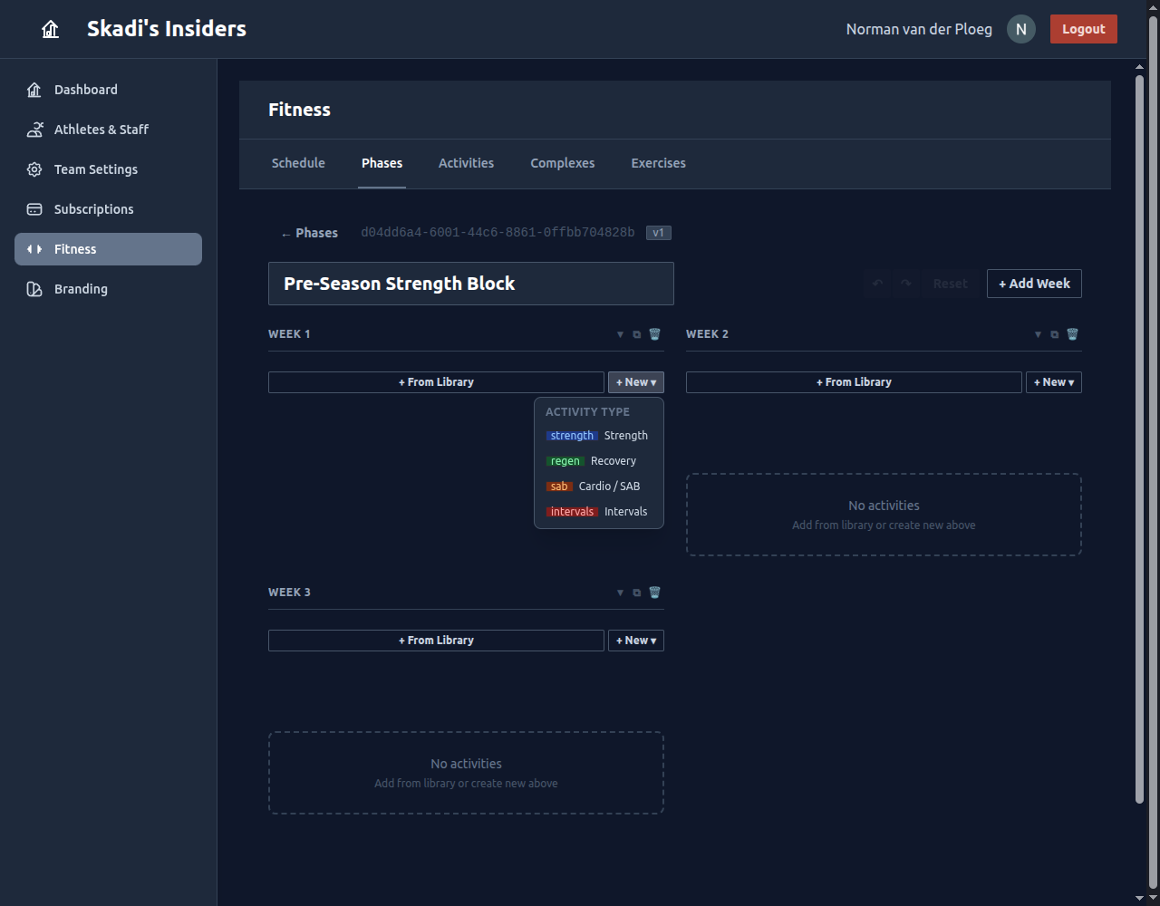 The Phase Builder week grid with the + New menu open, showing Strength, Recovery, Cardio/SAB, and Intervals options
