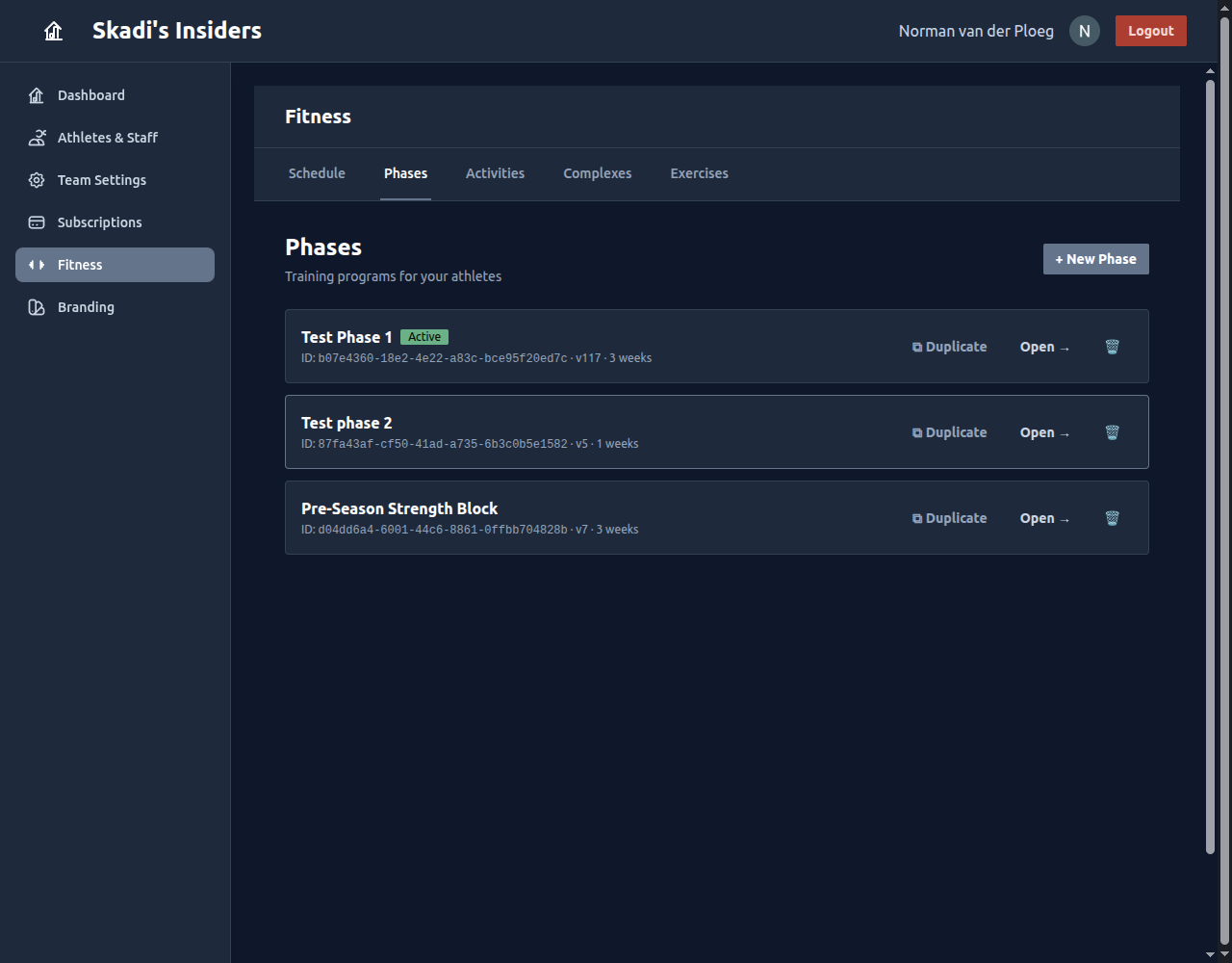 The Phases tab listing existing training phases, each with Duplicate, Open, and delete actions