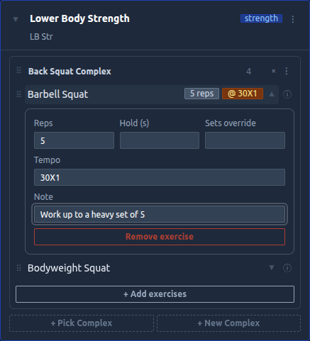 A Strength activity card with a Back Squat Complex, an expanded Barbell Squat showing reps, tempo and a note