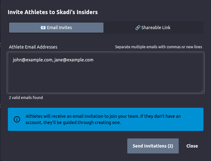 The athlete invite window on the Email Invites tab with two addresses entered
