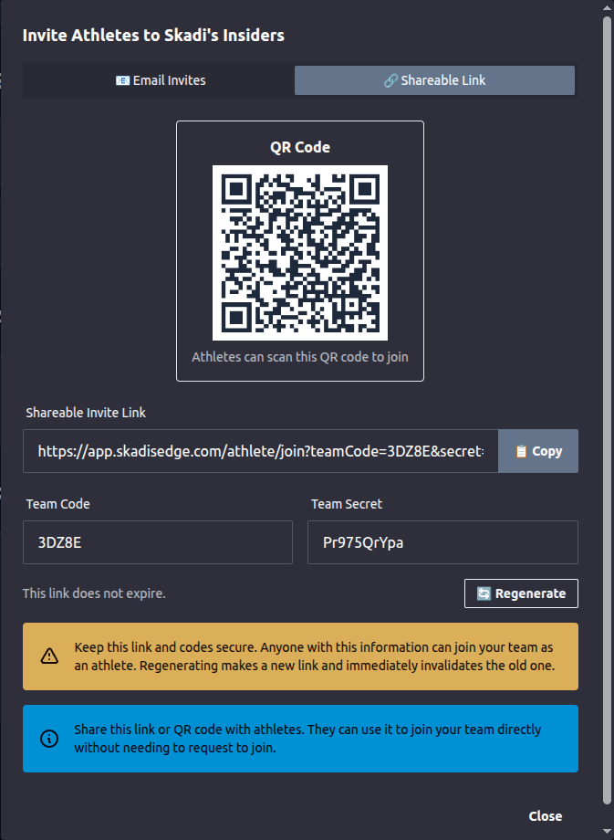 The athlete invite window on the Shareable Link tab showing a QR code, invite link, team code, and team secret