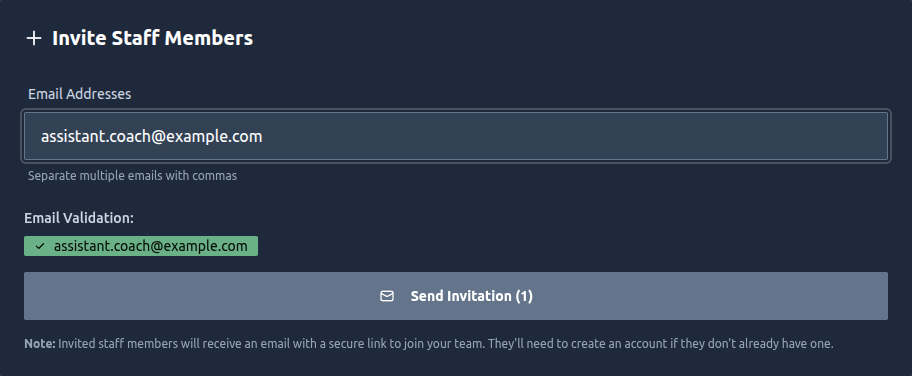 The Invite Staff Members form with an email entered and a green validation badge