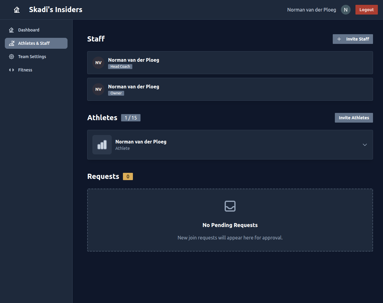 The Athletes & Staff page showing the Staff, Athletes, and Requests sections with their invite buttons