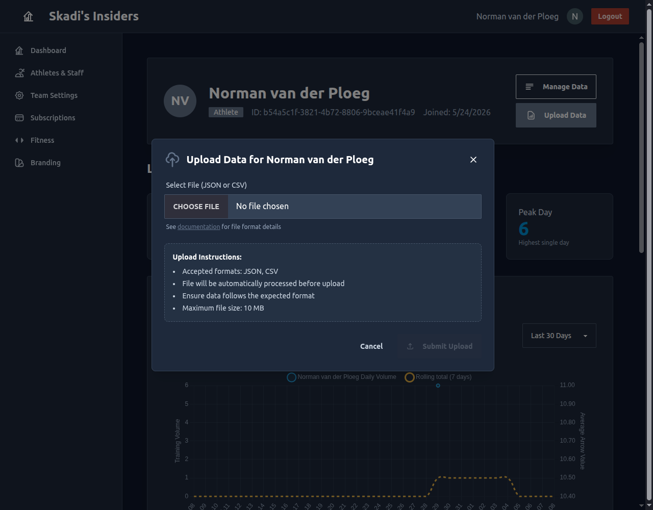 The Upload Data window on an athlete's page, with a file picker and upload instructions